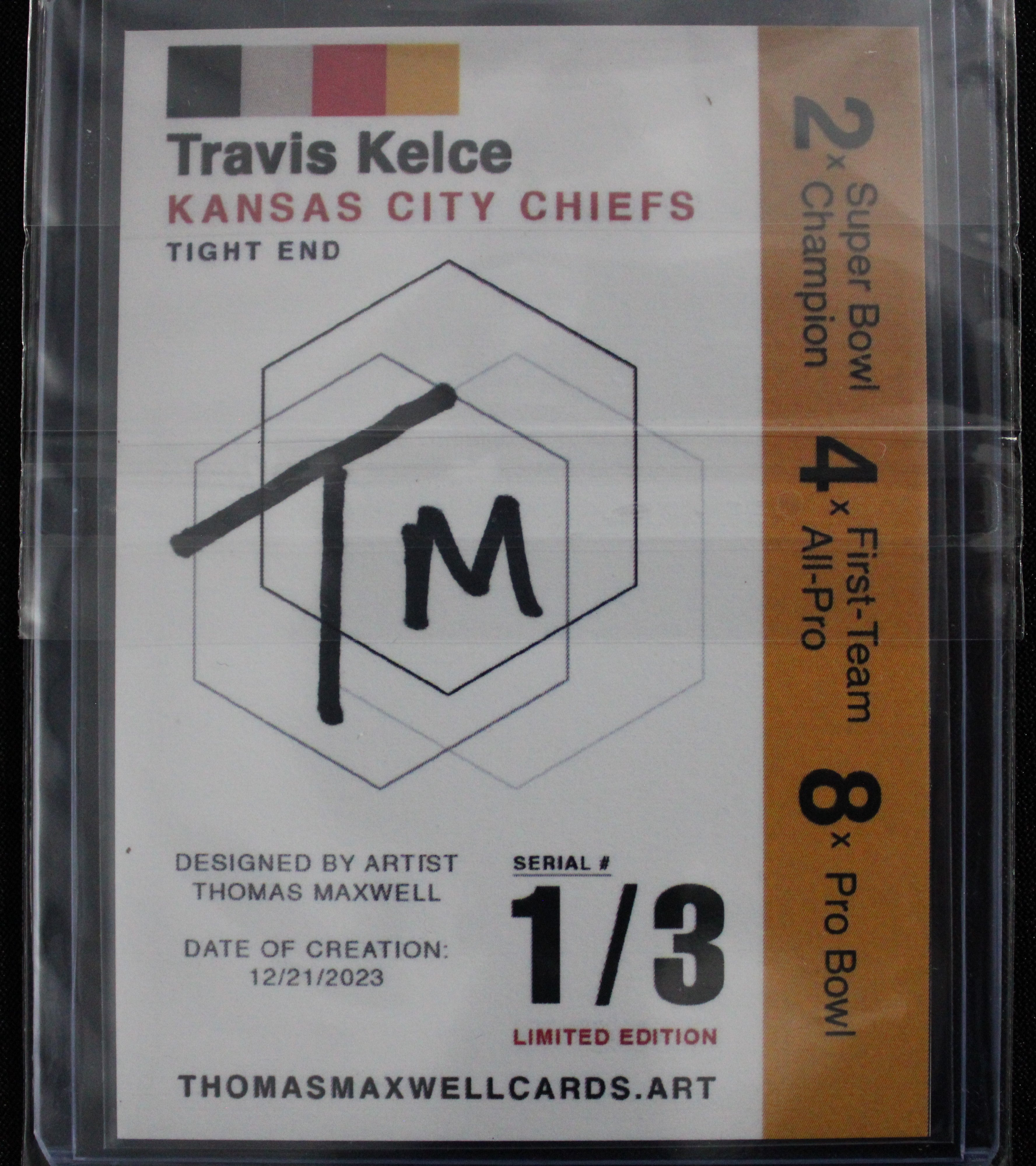 Travis Kelce Artist Signed Kansas City Chiefs Gold Refractor Art Card 1/3