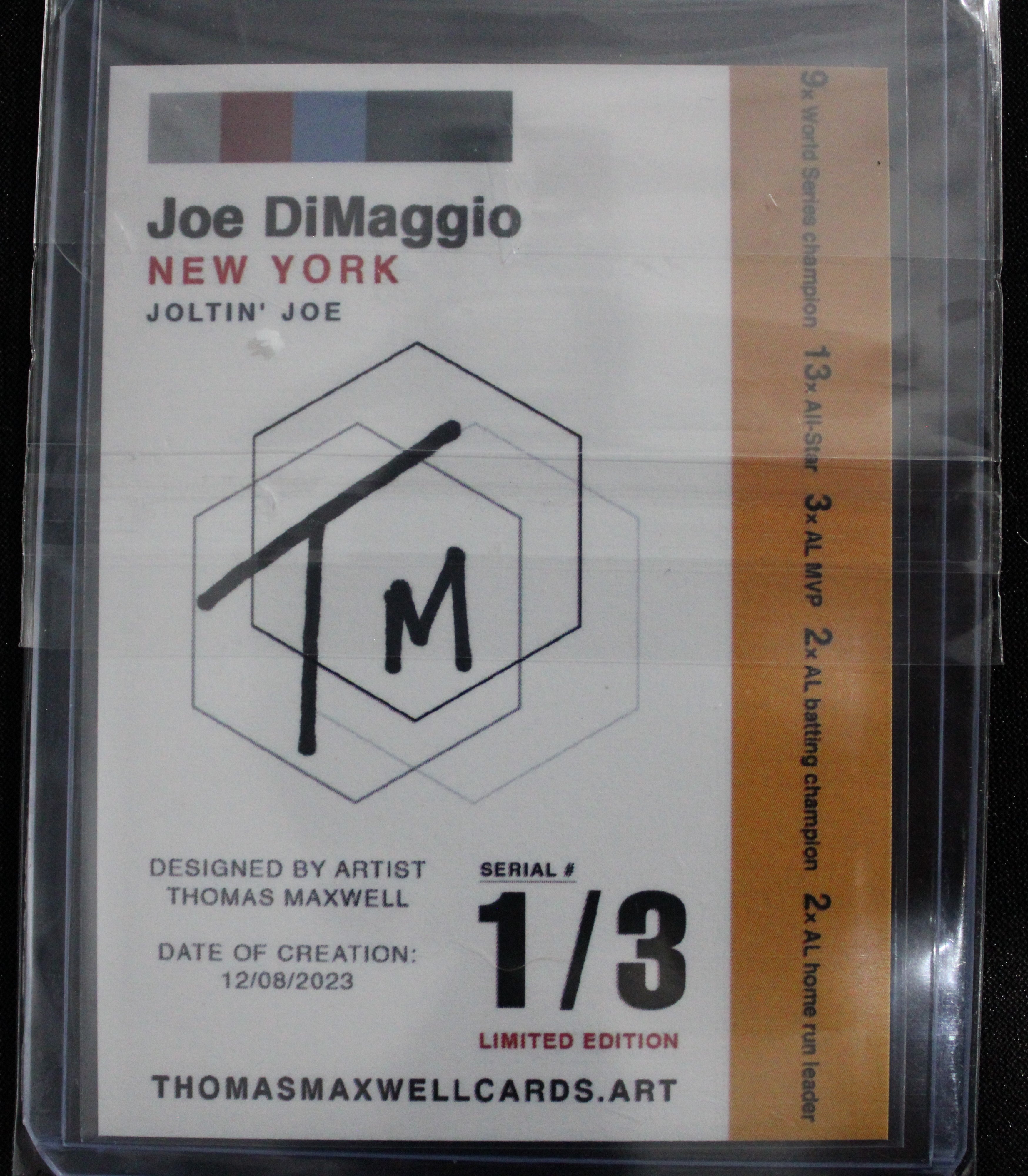 Joe DiMaggio Artist Signed New York Yankees Gold Refractor Art Card 1/3